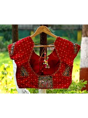 Red Colored Mashru Silk Hand Embroidered Front Open Freesize Blouse With Pompom Tassel Dori At Back Pattern 1 2