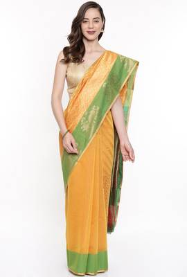 CLASSICATE From The House Of The Chennai Silks Women's Yellow Silk Cotton  Saree With Running Blouse 1
