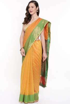 CLASSICATE From The House Of The Chennai Silks Women's Yellow Silk Cotton  Saree With Running Blouse 2
