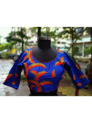 Blue Colored Golden Zari Worked Tusser Silk Designer Blouse 2