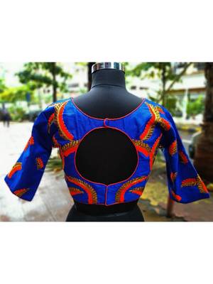 Blue Colored Golden Zari Worked Tusser Silk Designer Blouse 3