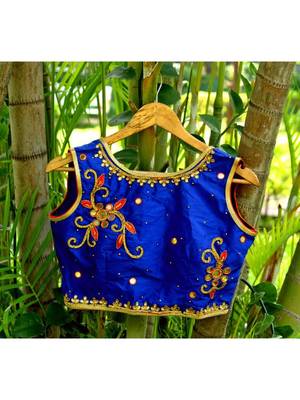 Silk Base Blue Color Zari Work Sleeveless Traditional Blouse With Small Mirror Work 1