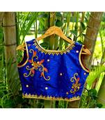 Silk Base Blue Color Zari Work Sleeveless Traditional Blouse With Small Mirror Work