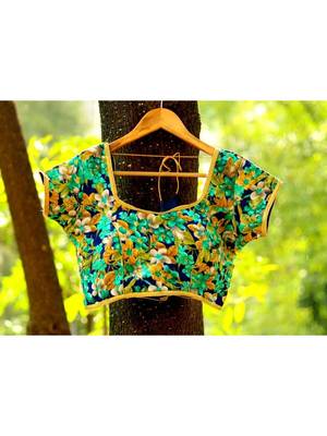 Blue Base Color Big Flower Printed Satin Silky Back Dori  Mega Sleeves Blouse 1