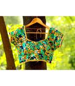 Blue Base Color Big Flower Printed Satin Silky Back Dori  Mega Sleeves Blouse