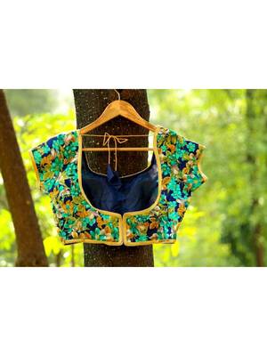 Blue Base Color Big Flower Printed Satin Silky Back Dori  Mega Sleeves Blouse 2