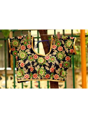 Black Base Green Shade Applique Work Designer Blouse For Festives With Dori 1