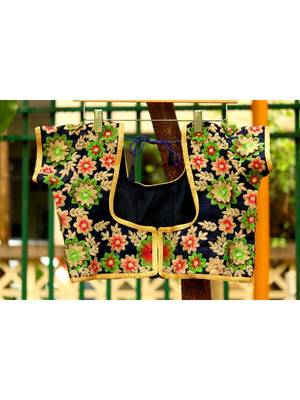 Black Base Green Shade Applique Work Designer Blouse For Festives With Dori 2