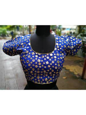 Blue Colored Foil Mirror Worked Silk Blend Fabric Blouse - 1 1