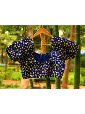 Blue Colored Foil Mirror Worked Silk Blend Fabric Blouse - 1 2