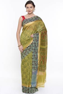 CLASSICATE From The House Of The Chennai Silks Women's Green Chanderi Cotton  Saree With Running Blouse 1