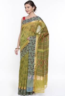 CLASSICATE From The House Of The Chennai Silks Women's Green Chanderi Cotton  Saree With Running Blouse 2