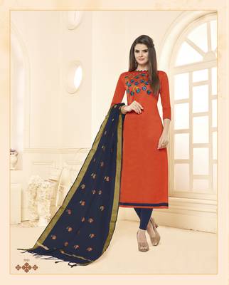 Red embroidered cotton Unstitched salwar with dupatta 1