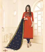 Red embroidered cotton Unstitched salwar with dupatta