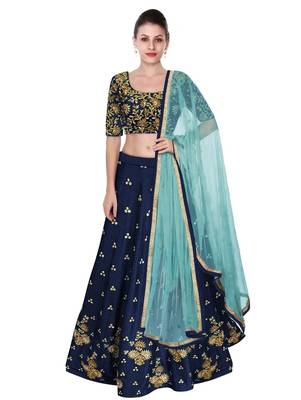 Blue Embroidered Art Silk Semi Stitched Lehenga 1
