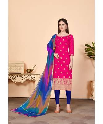 Pink embroidered Banarasi Unstitched salwar with dupatta 1