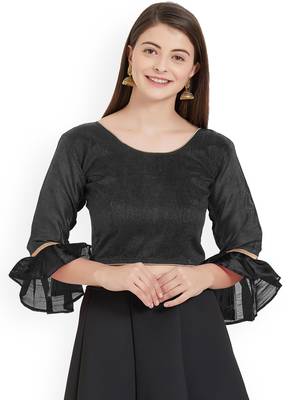 Designer Black Plain Banglori Silk With Latest Style Ruffle Sleeve Blouse 1