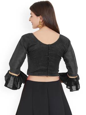 Designer Black Plain Banglori Silk With Latest Style Ruffle Sleeve Blouse 2