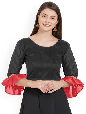 Designer Black Plain Banglori Silk With Latest Style Ruffle Sleeve Blouse 1