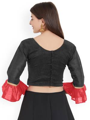 Designer Black Plain Banglori Silk With Latest Style Ruffle Sleeve Blouse 2