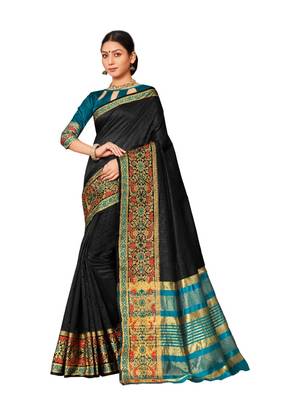 Black woven art silk saree with blouse 1