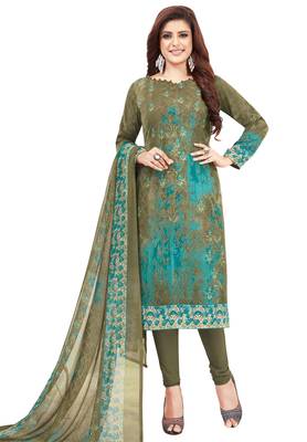 Women's Olive Green & Turquoise Synthetic Printed Unstitch Dress Material With Dupatta 1