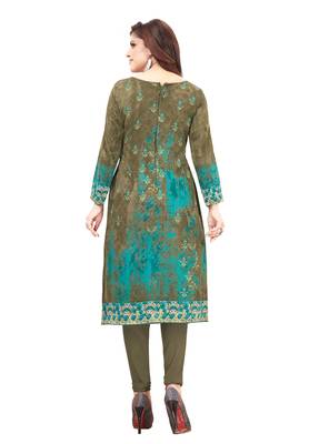 Women's Olive Green & Turquoise Synthetic Printed Unstitch Dress Material With Dupatta 2