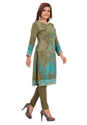 Women's Olive Green & Turquoise Synthetic Printed Unstitch Dress Material With Dupatta 3