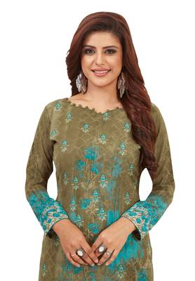 Women's Olive Green & Turquoise Synthetic Printed Unstitch Dress Material With Dupatta 4