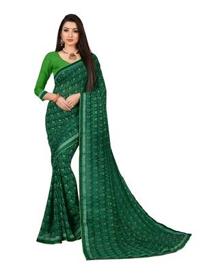 Green printed georgette saree with blouse 1