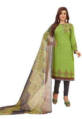 Women's Green & Grey Synthetic Printed Unstitch Dress Material With Dupatta 3