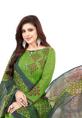 Women's Green & Grey Synthetic Printed Unstitch Dress Material With Dupatta 4