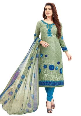 Women's Green Grey & Blue Synthetic Printed Unstitch Dress Material With Dupatta 1