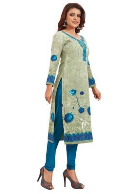 Women's Green Grey & Blue Synthetic Printed Unstitch Dress Material With Dupatta 3