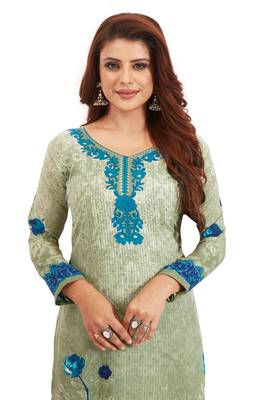 Women's Green Grey & Blue Synthetic Printed Unstitch Dress Material With Dupatta 4