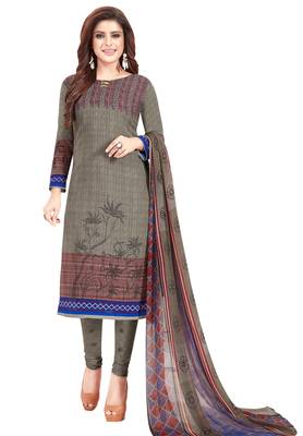 Women's Grey & Maroon Synthetic Printed Unstitch Dress Material With Dupatta 1