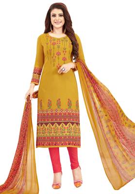 Women's Gold & Pink Synthetic Printed Unstitch Dress Material With Dupatta 1