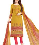 Women's Gold & Pink Synthetic Printed Unstitch Dress Material With Dupatta