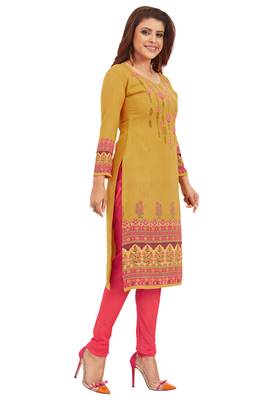 Women's Gold & Pink Synthetic Printed Unstitch Dress Material With Dupatta 2