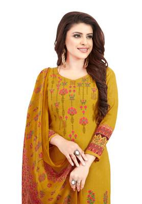 Women's Gold & Pink Synthetic Printed Unstitch Dress Material With Dupatta 4