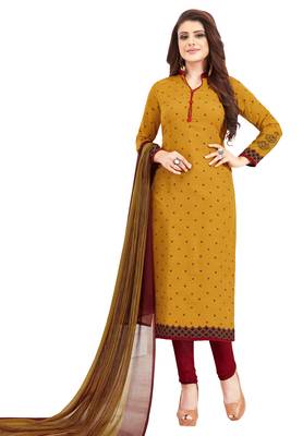 Women's Mustard & Maroon Synthetic Printed Unstitch Dress Material With Dupatta 1