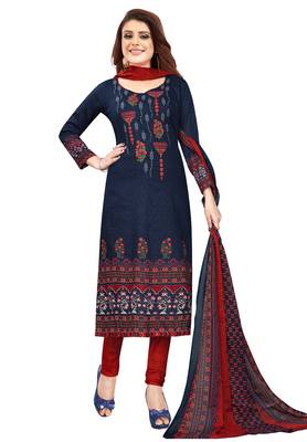 Women's Navy Blue & Red Synthetic Printed Unstitch Dress Material With Dupatta 1