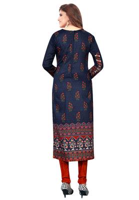 Women's Navy Blue & Red Synthetic Printed Unstitch Dress Material With Dupatta 2