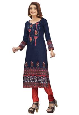 Women's Navy Blue & Red Synthetic Printed Unstitch Dress Material With Dupatta 3