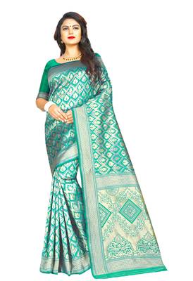 Sea green woven art silk saree with blouse 1