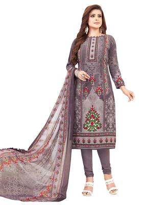 Women's Grey & Pink Synthetic Printed Unstitch Dress Material With Dupatta 1