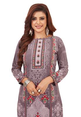 Women's Grey & Pink Synthetic Printed Unstitch Dress Material With Dupatta 4