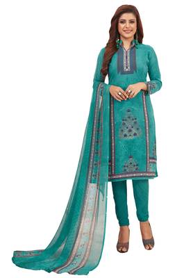 Women's Turquoise Synthetic Printed Unstitch Dress Material With Dupatta 1