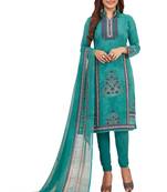 Women's Turquoise Synthetic Printed Unstitch Dress Material With Dupatta
