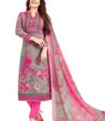 Women's Grey & Pink Synthetic Printed Unstitch Dress Material With Dupatta
